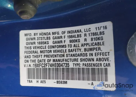 2017 Honda Civic Ex from USA, damaged, VIN 19XFC2F74HE004735